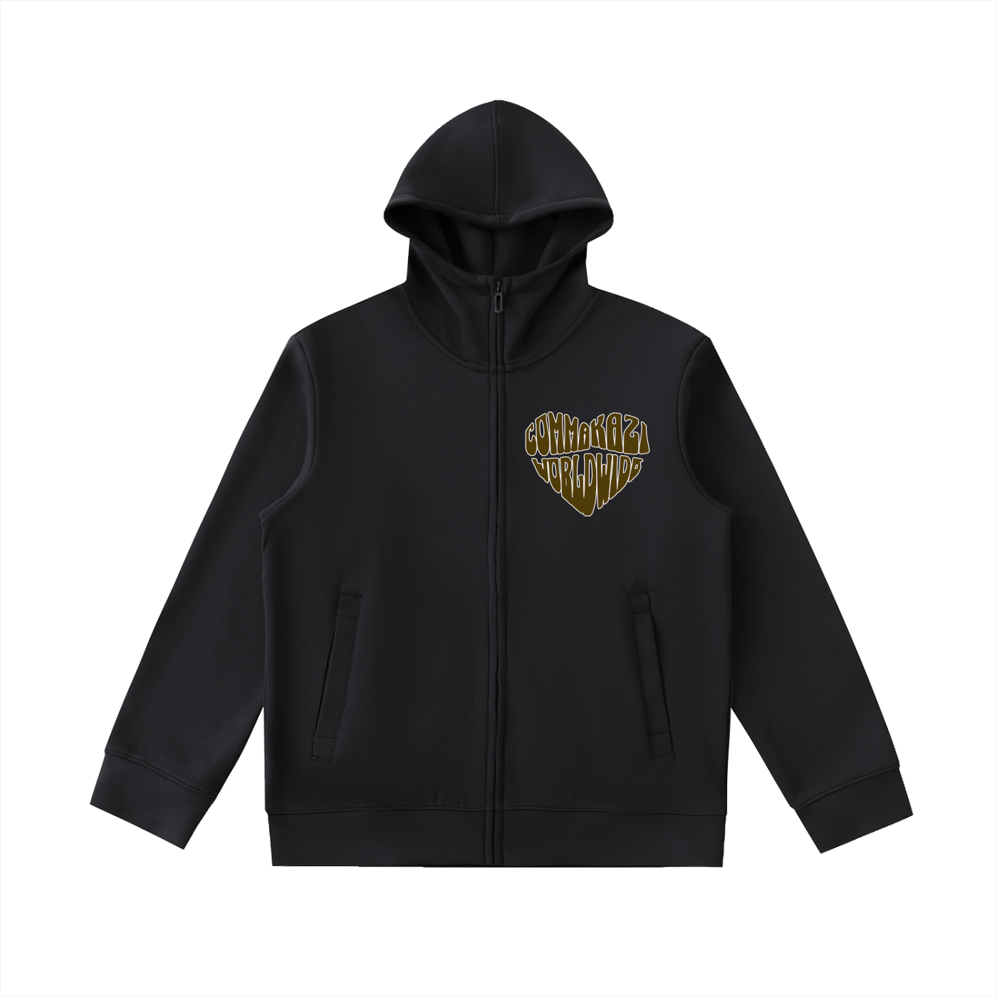 Comma Kazi Heavyweight High Neck  Zip-Up Hoodie (Brown Logo)