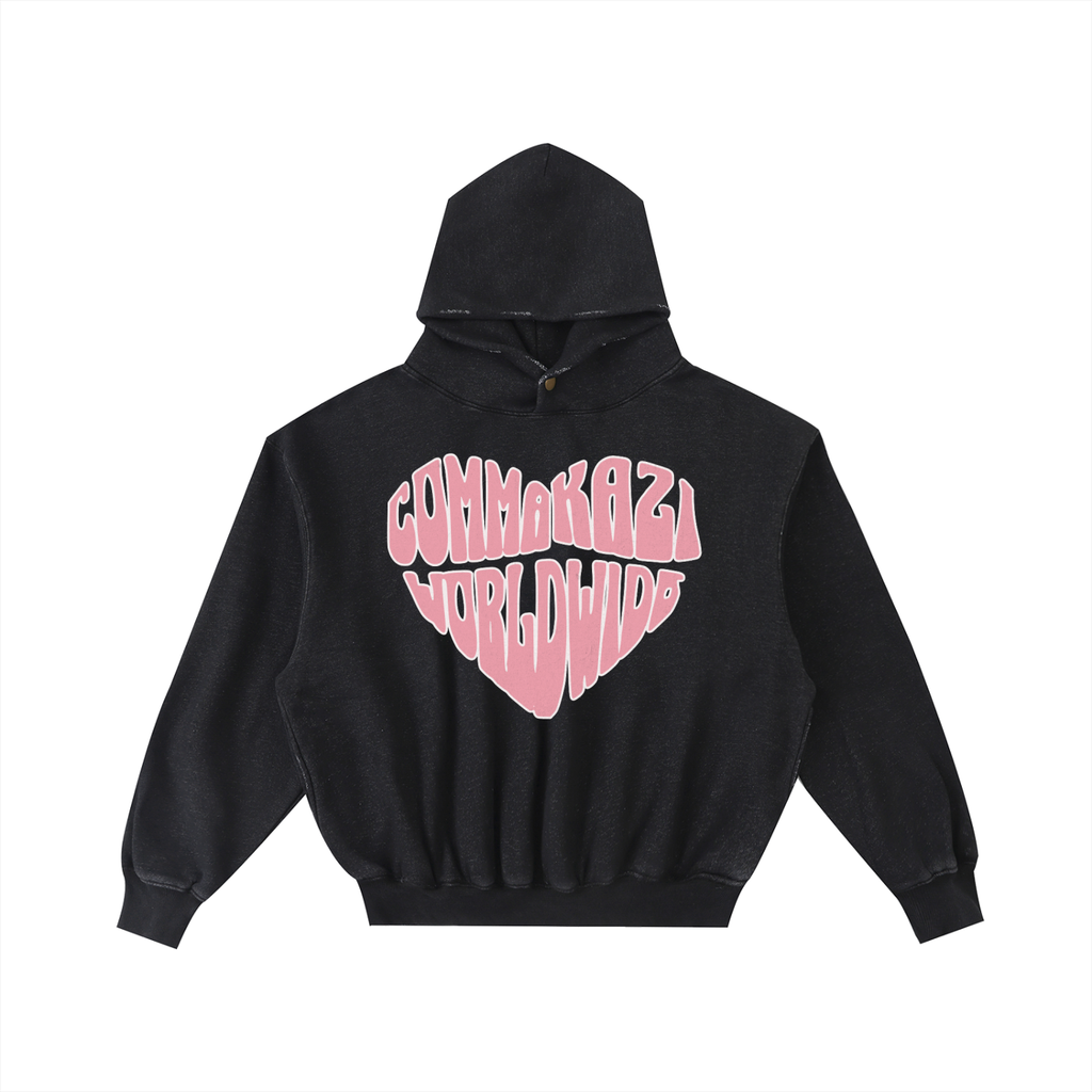 Comma Kazi Frayed Enzyme Washed Fleece Hoodie (Pink Logo)